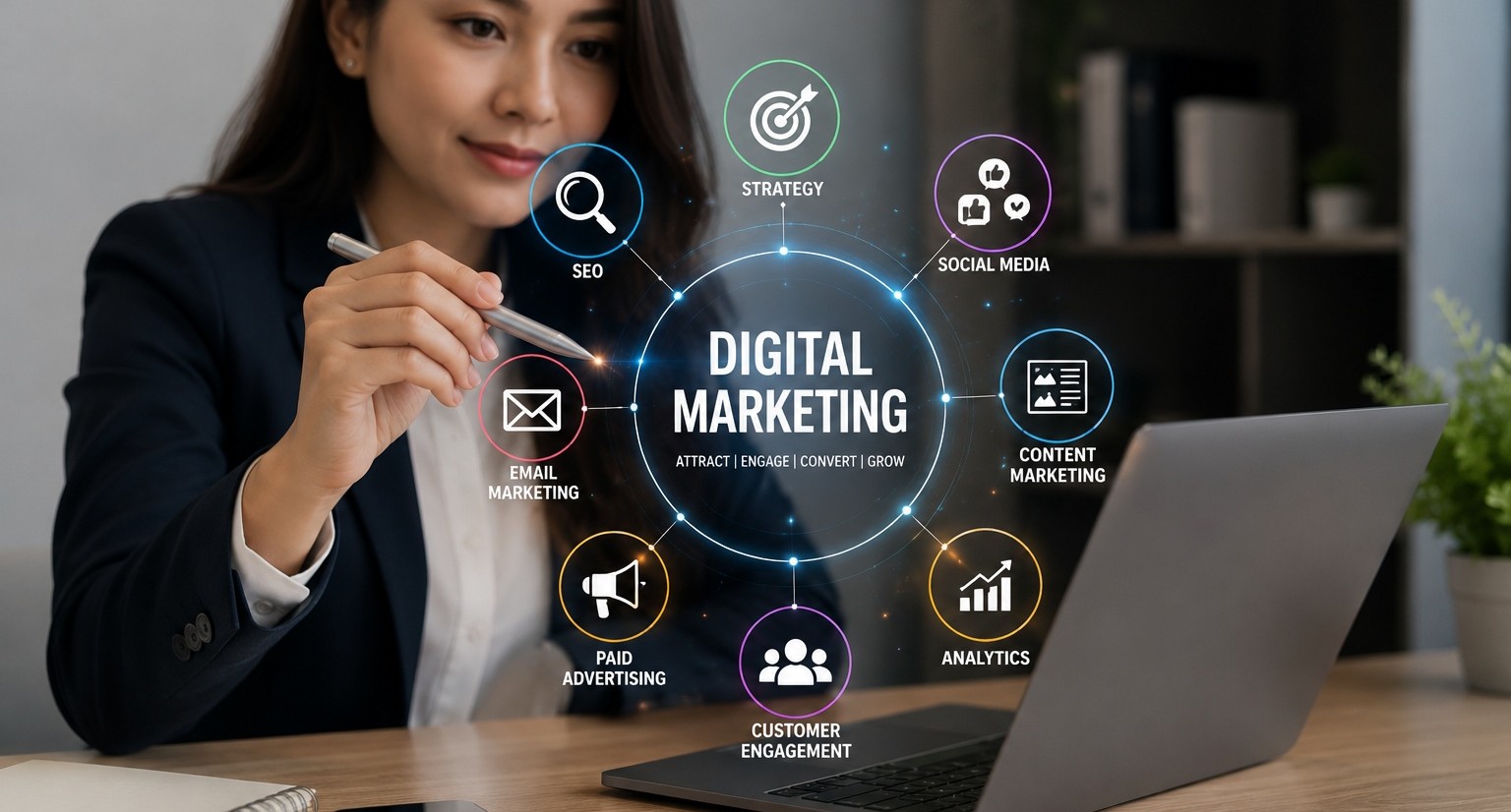 An infographic of various text and icon of Digital Marketing
